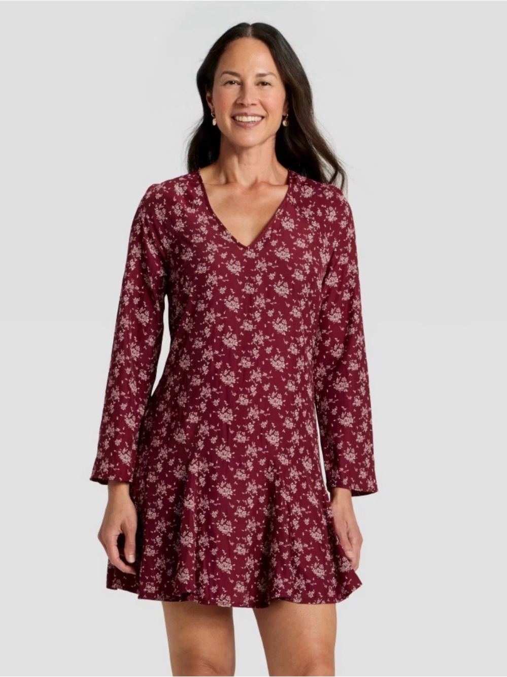 Universal Thread Burgundy Floral V-Neck Long Sleeve Swing Dress